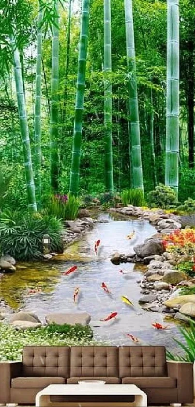 Mobile wallpaper featuring a lush bamboo forest with a tranquil stream and vibrant plants.