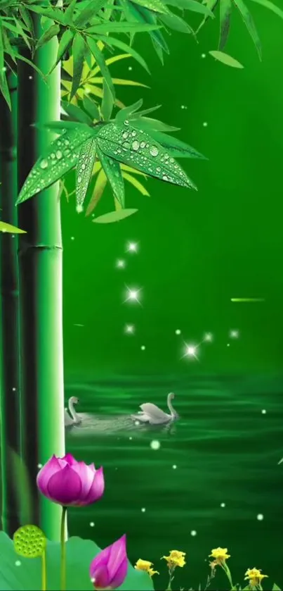 Serene bamboo and swan lake wallpaper