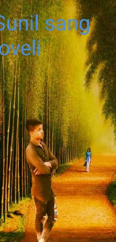 Serene bamboo pathway with lush greenery.