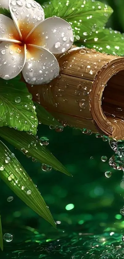 Bamboo spout with water and flowers in a lush green setting.