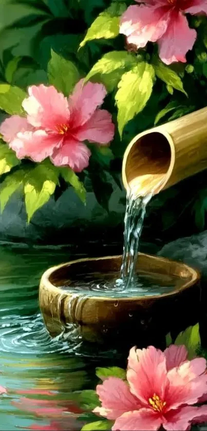 Bamboo waterfall with pink hibiscus flowers in a tranquil setting.