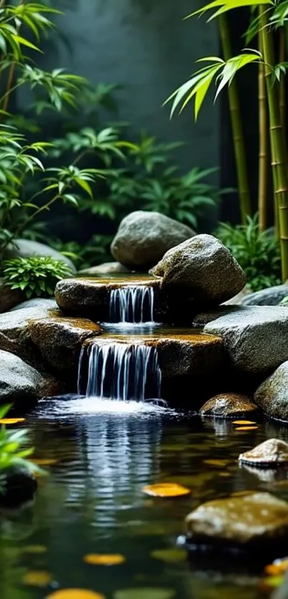 Mobile wallpaper of a serene bamboo waterfall scene.