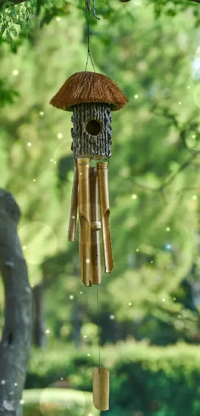 Bamboo wind chime hanging among green trees in a serene outdoor setting.