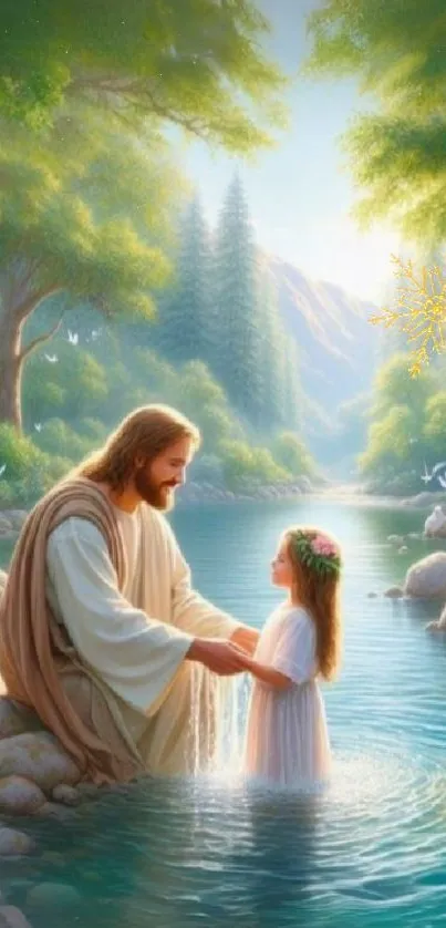 Baptism scene by a peaceful river.