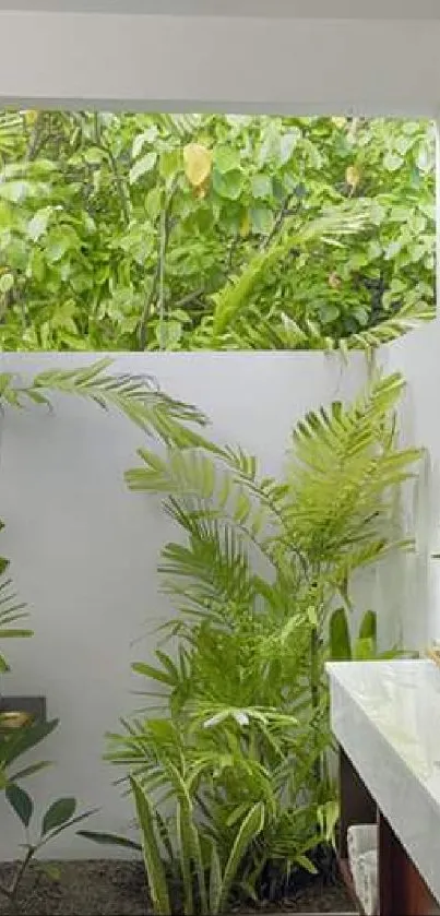 Serene bathroom wallpaper with green plants and white decor.