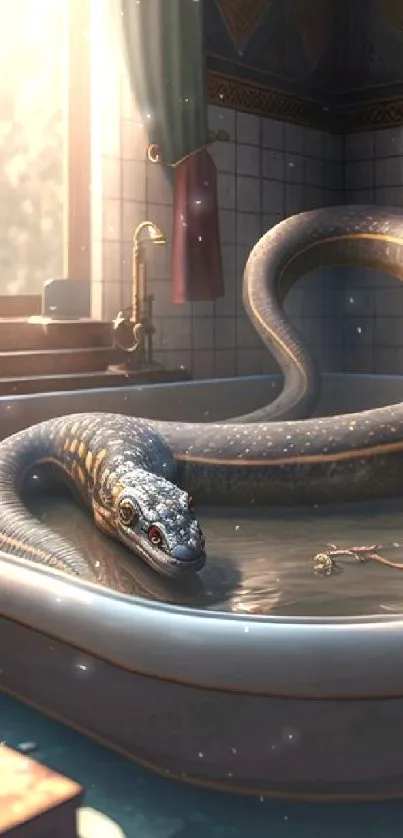 Snake lounging in a sunlit bathroom tub, creating a serene and artistic scene.