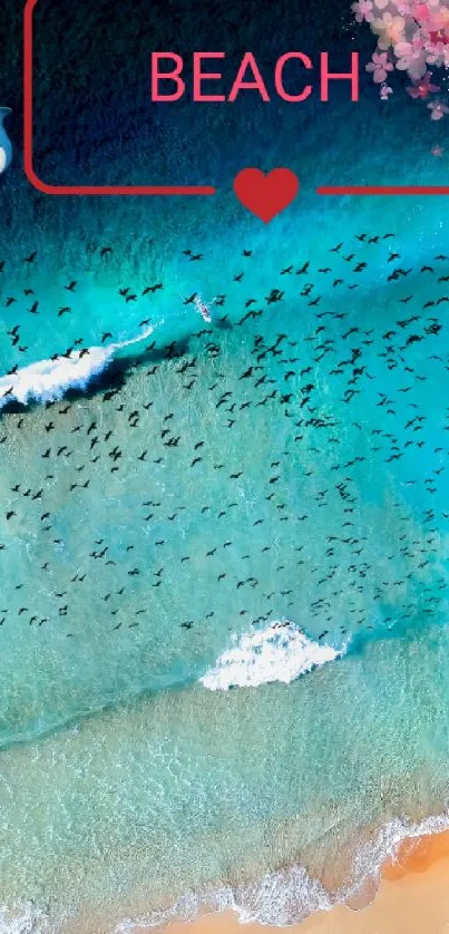 Aerial view of a beach with turquoise waters and dolphins.