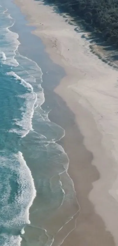 Aerial view of a pristine beach with turquoise waves and golden sand.