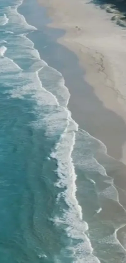 Aerial view of a serene beach with turquoise ocean waves and sandy shores.