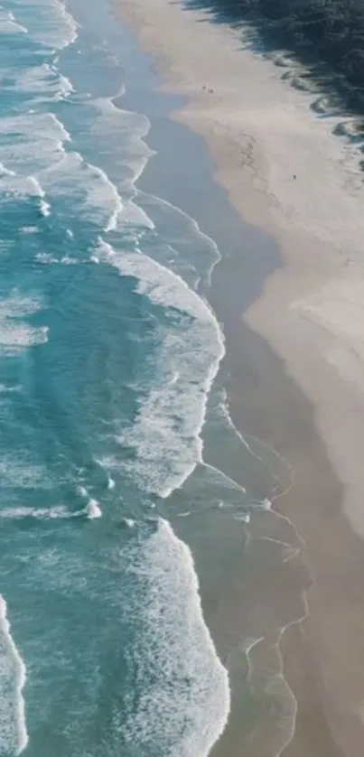 Aerial view of a serene beach with blue waves and golden sands.