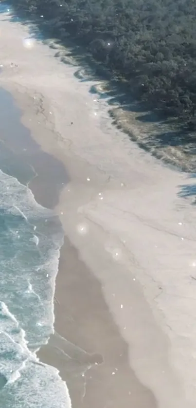 Aerial view of serene beach with sparkling ocean waves.