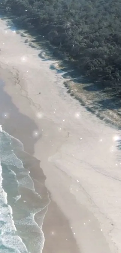 Aerial view of a serene beach with waves and sandy shores.