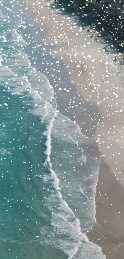 Aerial view of a turquoise beach with sparkling water and sandy shore.