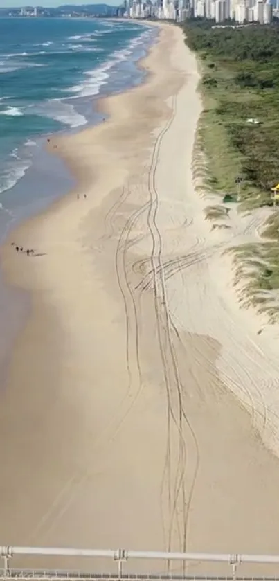 Aerial view of a peaceful beach with golden sand and azure ocean waves.