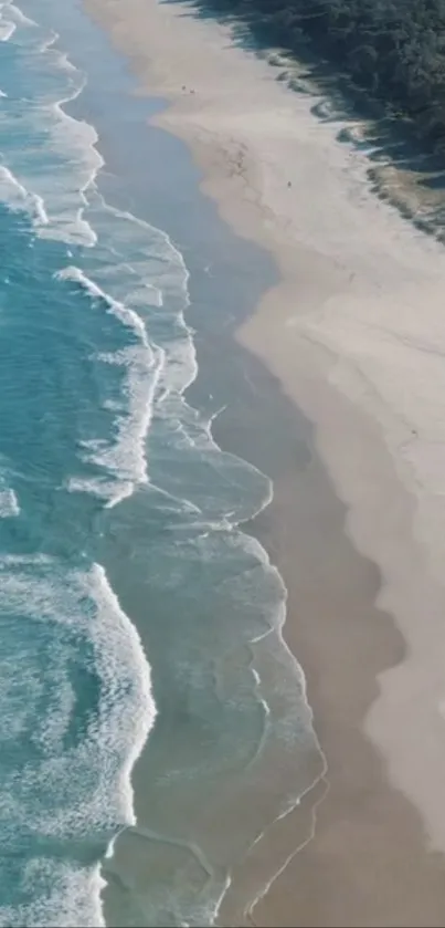 Aerial view of a serene beach with gentle waves and clear blue water.