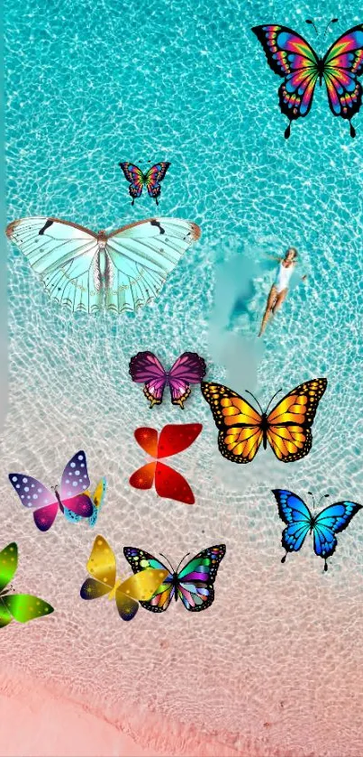 Aerial view of tranquil turquoise waters and pink sand beach with a person floating.