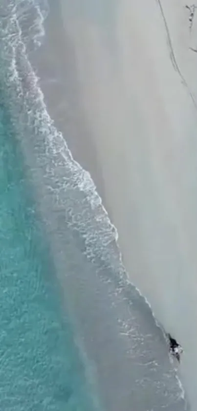 Aerial view of a serene beach with turquoise water and white sandy shores.