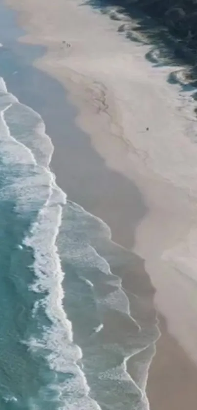 A breathtaking aerial view of a serene beach with rolling waves and sandy shores.