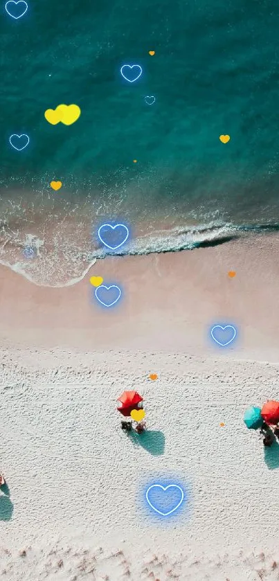 Aerial view of a beach with turquoise water and red umbrellas on the sand.