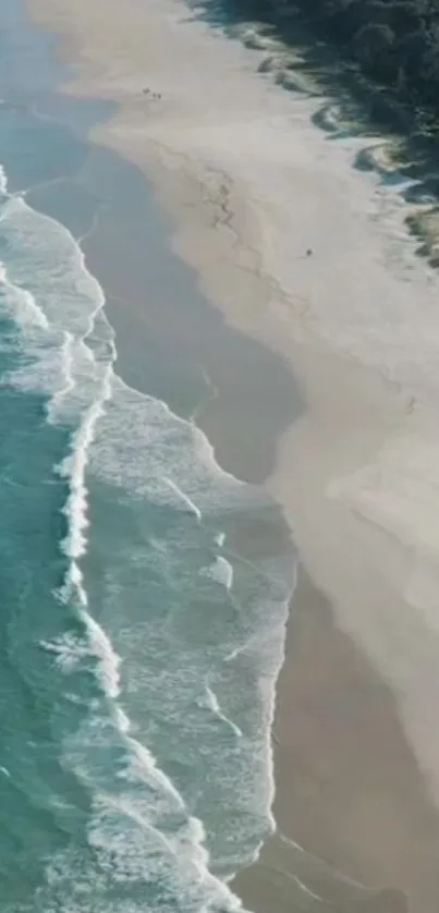 Aerial view of serene beach with turquoise waters and sandy shoreline.