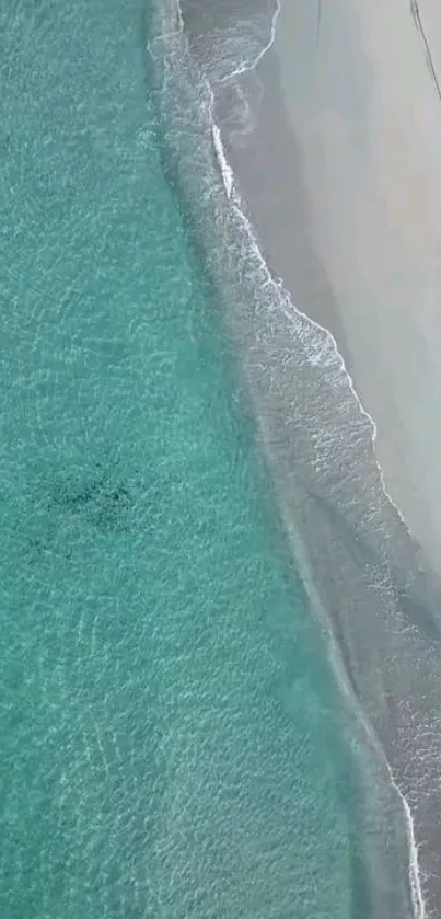 Aerial view of a tranquil beach with turquoise water and sandy shore.