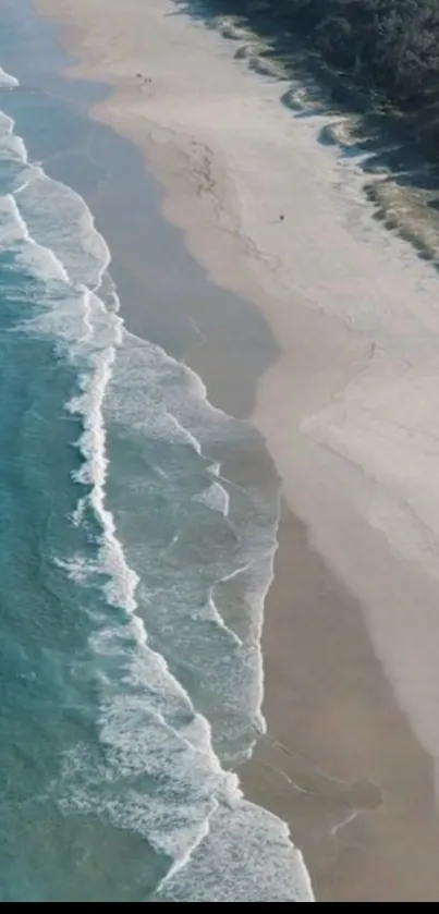 Aerial view of a serene beach with blue waves meeting the sandy shore.