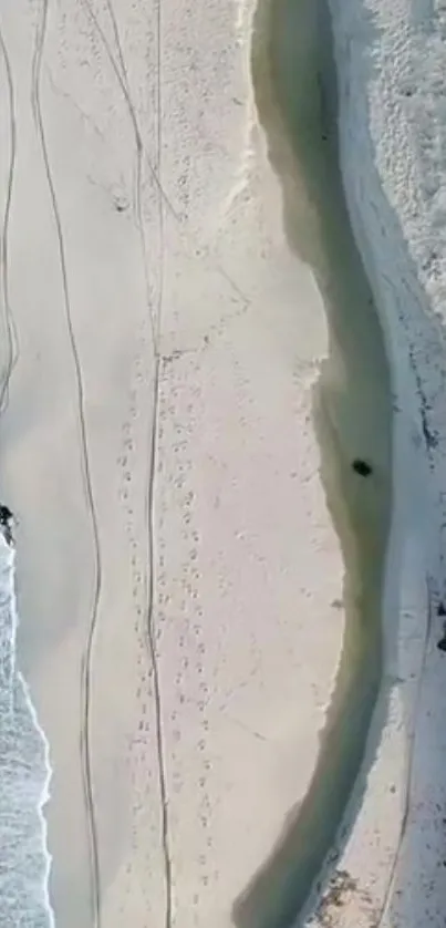 Aerial view of tranquil beach with serene ocean and sandy shorelines.