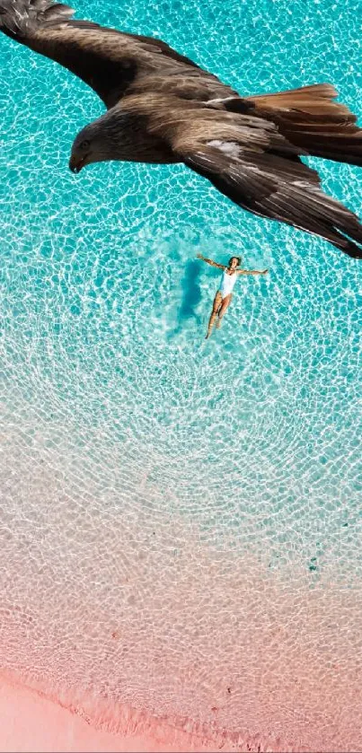 Aerial view of a serene beach with a soaring bird above tranquil waters.