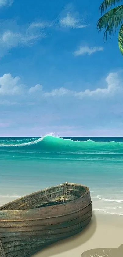 Serene beach with rustic boat under blue sky waves.