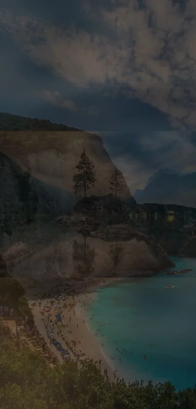 Serene beach with cliffs and azure waters at dusk.