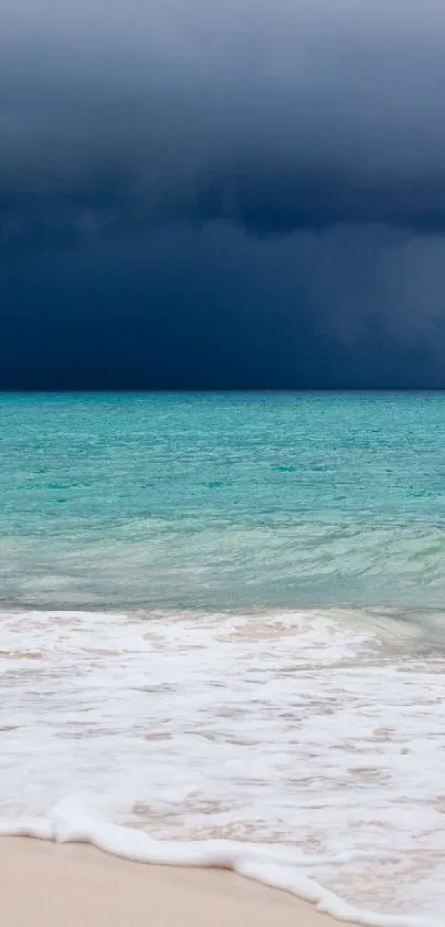 A serene beach with waves under a dramatic dark sky.