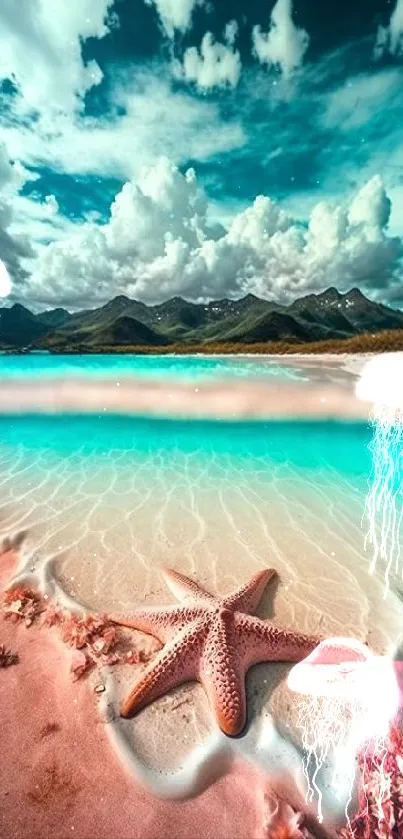 Starfish on pink sand at a turquoise beach with clouds overhead.