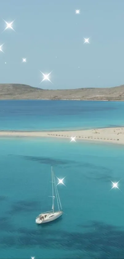 Sailboat on turquoise sea with sparkling sky and beach in the background.