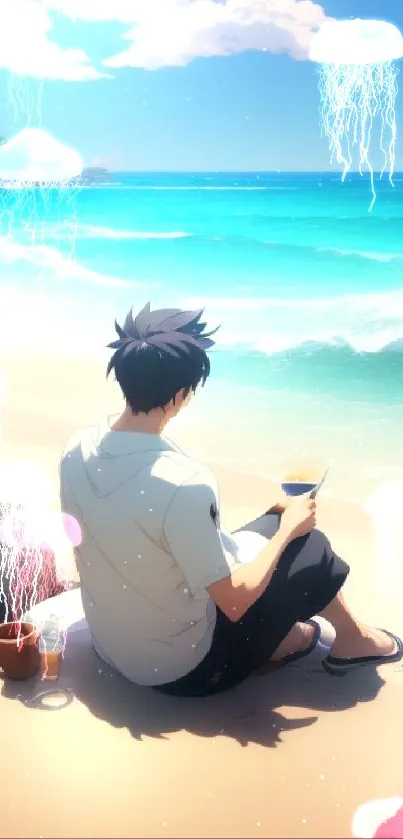 Anime character relaxing at serene beach with ocean waves.