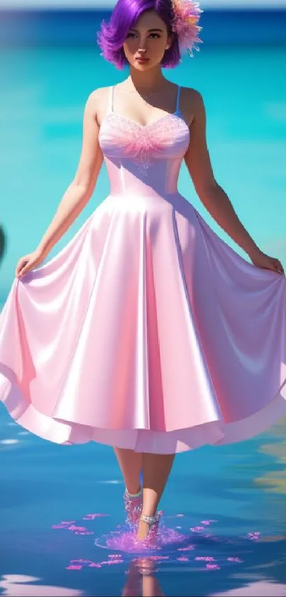 Anime girl in pink dress standing by the seaside.