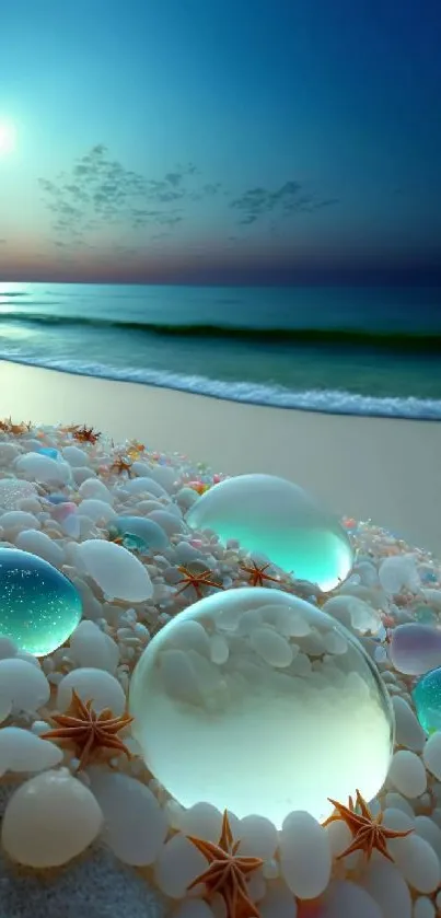 Serene beach with glowing orbs under a tranquil sunset sky.