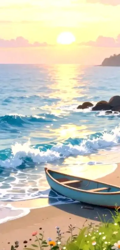 A serene beach with a boat at sunset.
