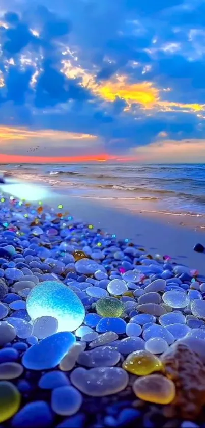 Sunset beach with vibrant pebbles and calming ocean waves.