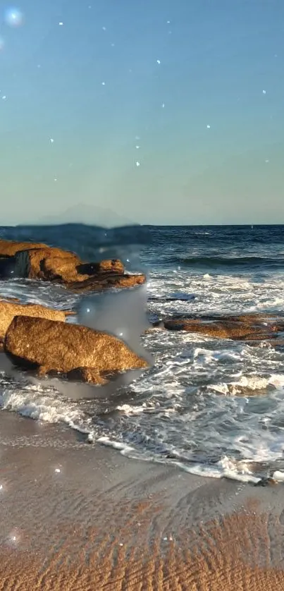 Serene beach with ocean waves at sunset under a sparkling sky.