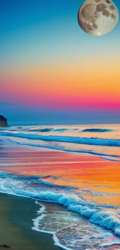 Moonlit beach at sunset with vibrant sky colors and ocean waves.