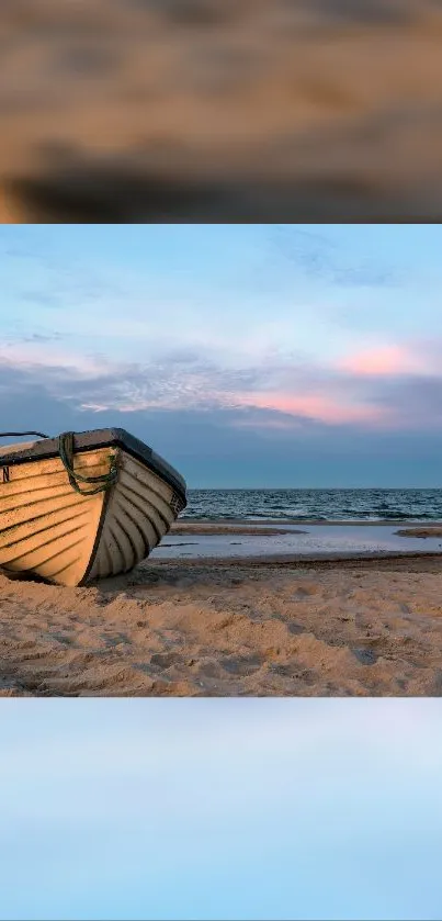 A boat rests on a sandy beach at sunset with a pastel sky overhead.