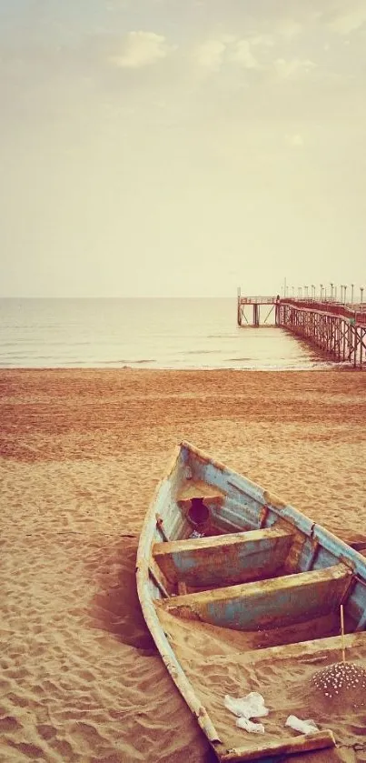 A tranquil beach with a boat and pier at sunset.