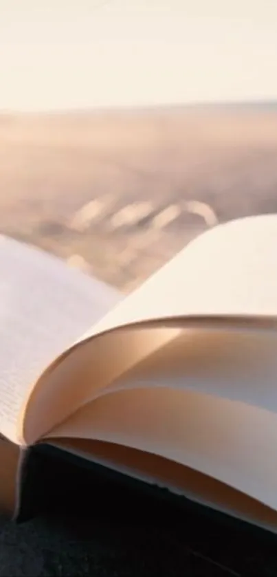 Open book on sandy beach at sunset.