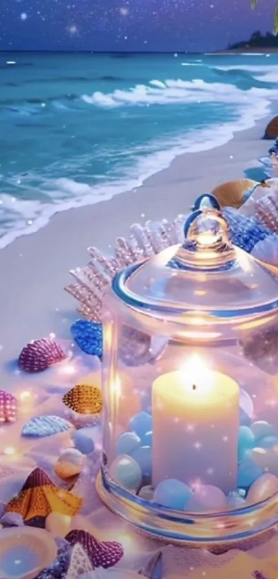 Serene beach wallpaper with candle and seashells by the ocean at night.