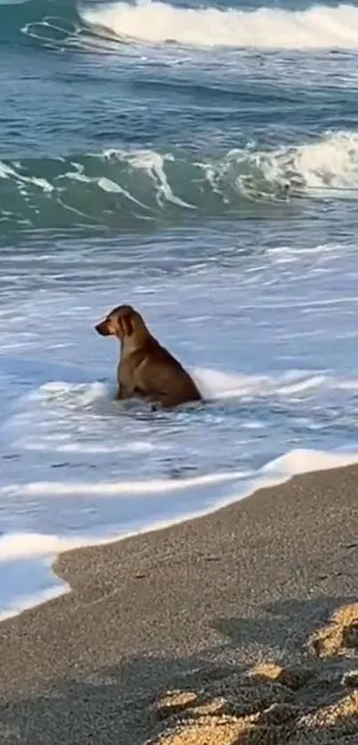 Dog at the beach in ocean waves, enjoying the serene water and tranquil view.