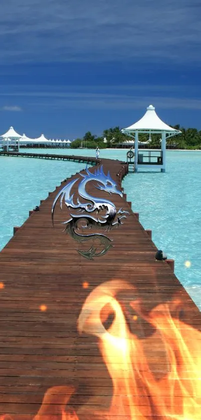 Dragon art on tropical pier with sea view.