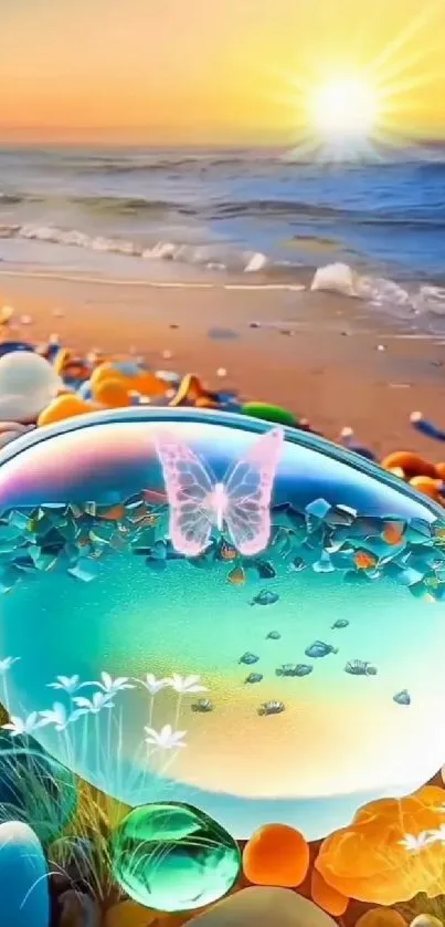 Artistic beach scene with sunset, colorful stones, and a crystal ball with a butterfly.