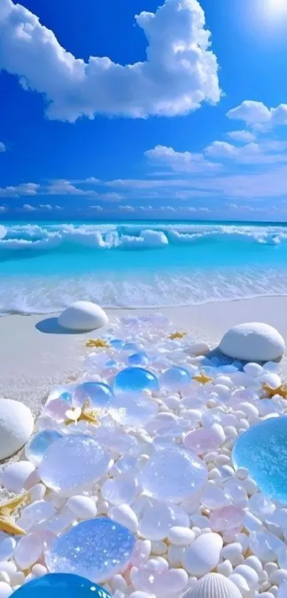 Serene beach scene with blue sky and ocean waves.