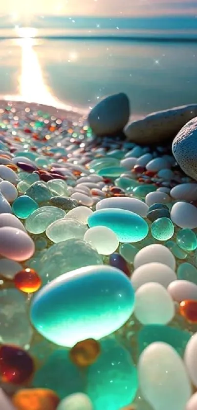 Colorful beach stones under a serene sunset.