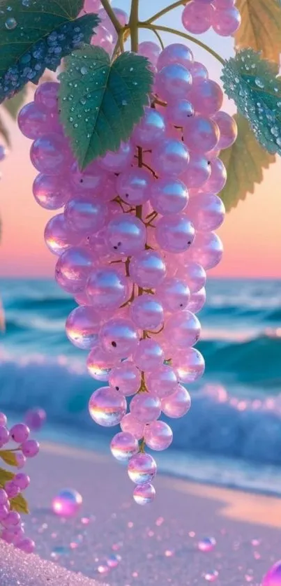 Dreamy purple grapes on a beach at sunset, glistening in fantasy setting.